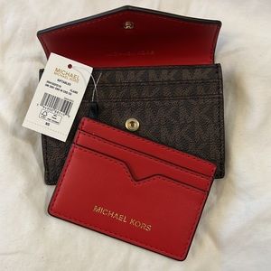 Michal Kors Small Flame 3 in 1 Card Case MK Print Brown Red & Gold